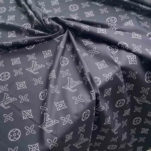 LV Black Cotton fabric with white LV logo print