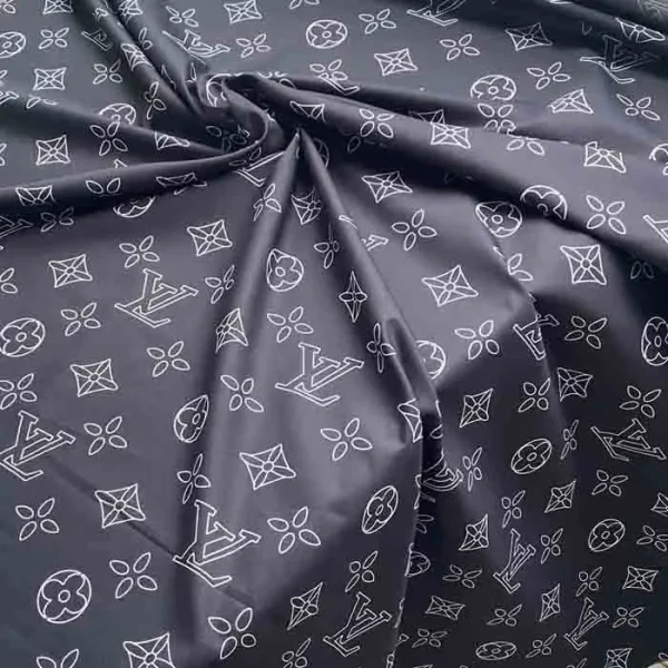 LV Black Cotton fabric with white LV logo print